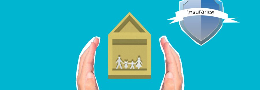 Illustration of hands protecting a home and family with an insurance shield symbol.