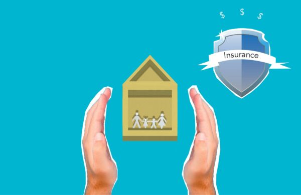 Illustration of hands protecting a home and family with an insurance shield symbol.
