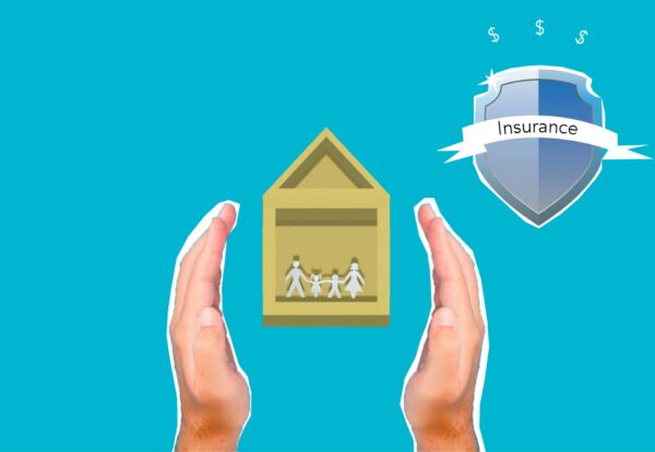 Illustration of hands protecting a home and family with an insurance shield symbol.